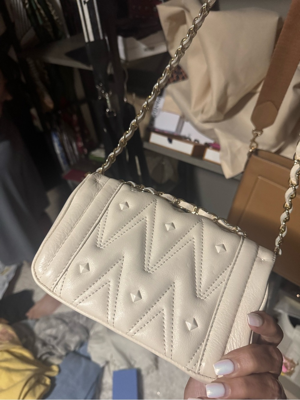 Valentino Cream Leather Crossbody with Gold Chain